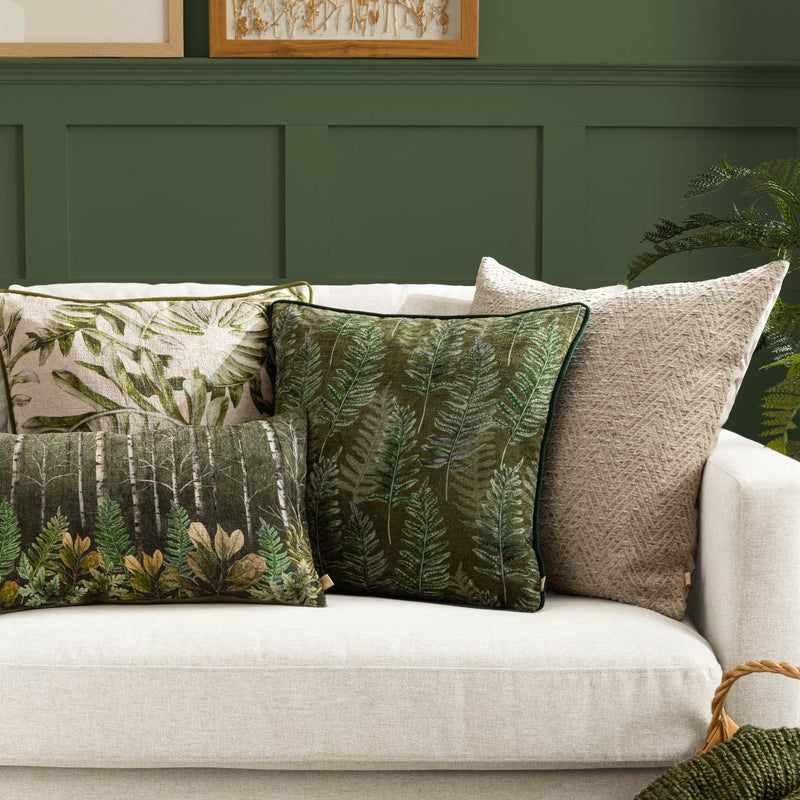 Woodland Green Cushions - Kielder Forest Printed Velvet Cushion Cover Kahki Wylder