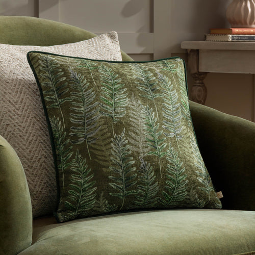 Woodland Green Cushions - Kielder Forest Printed Velvet Cushion Cover Kahki Wylder