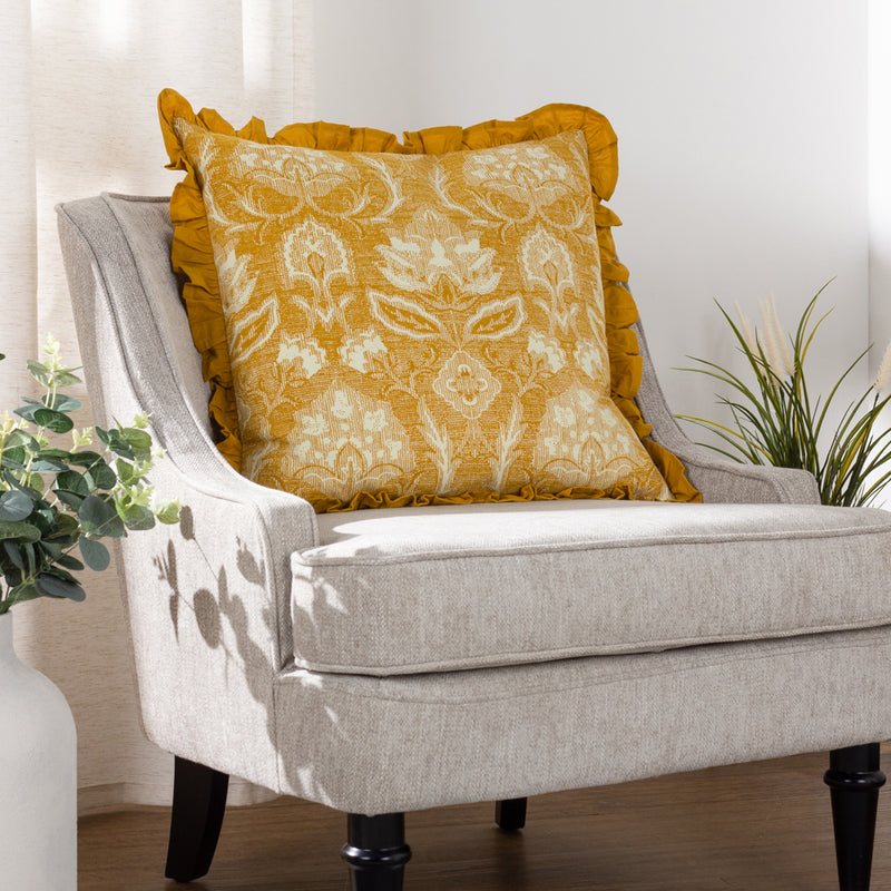 Paoletti Kirkton Floral Pleat Fringe Cushion Cover in Ochre