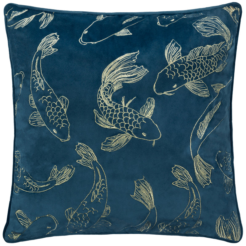 Animal Blue Cushions - Koi Pond Embroidered Velvet Cushion Cover Navy Paoletti