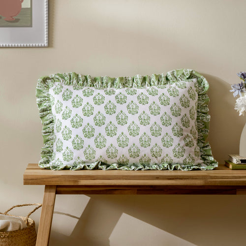 Global Green Cushions - Krissa Block Printed Velvet Cushion Cover Green furn.