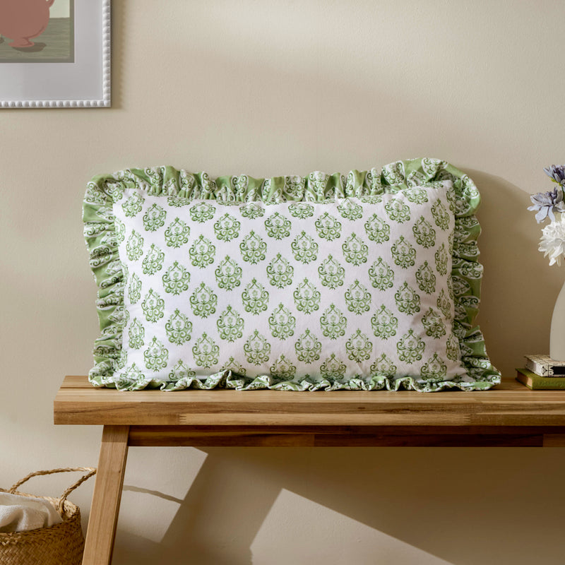 Global Green Cushions - Krissa Block Printed Velvet Cushion Cover Green furn.