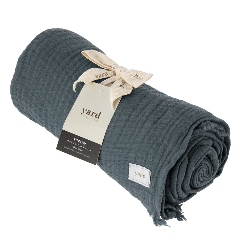 Plain Blue Throws - Lark Muslin Cotton Throw Dusk Yard