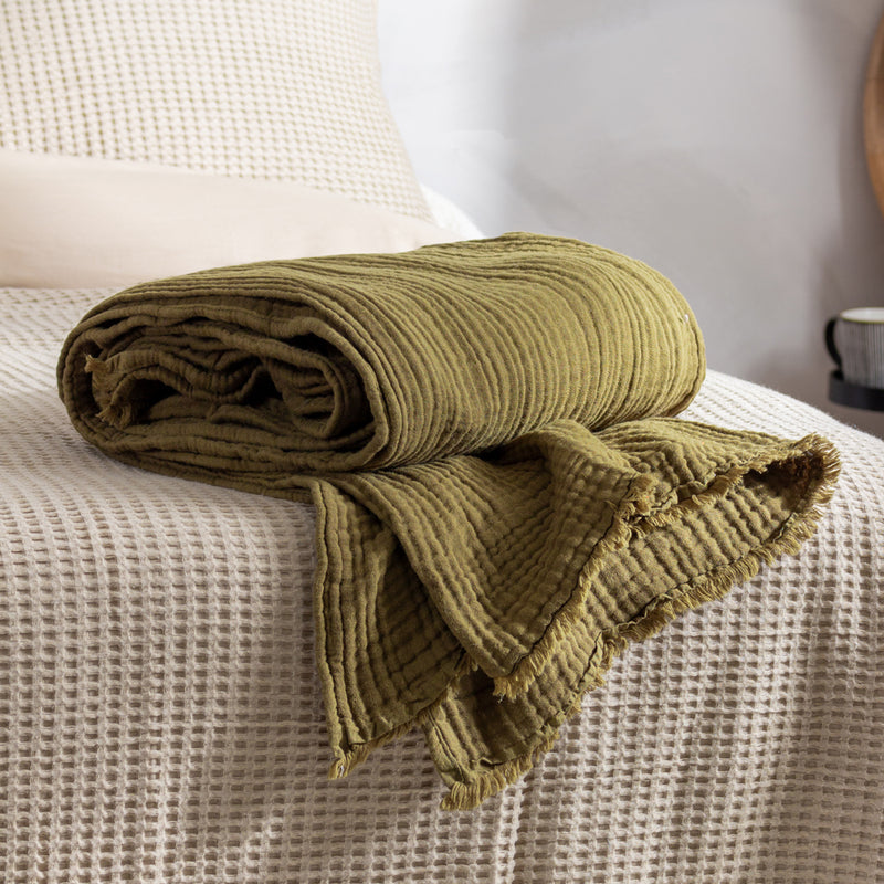 Plain Green Throws - Lark Muslin Cotton Throw Khaki Yard