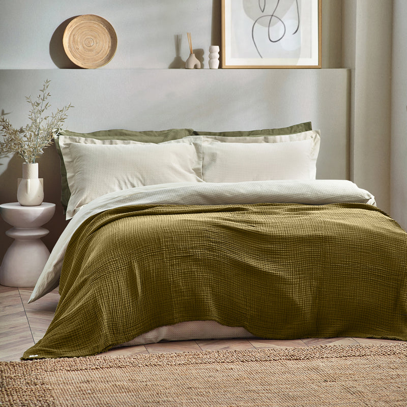 Plain Green Throws - Lark Muslin Cotton Oversized Throw Khaki Yard