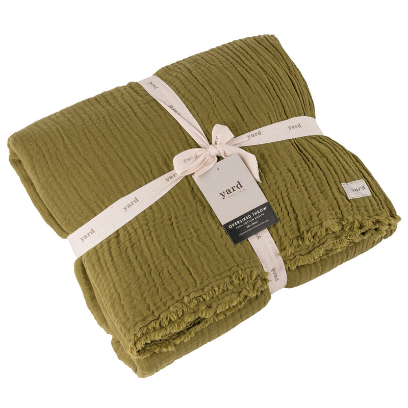 Plain Green Throws - Lark Muslin Cotton Oversized Throw Khaki Yard