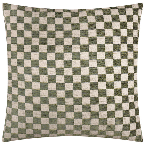 Check Green Cushions - Larro Chenille Checkerboard Feather Filled Cushion Smoke Green Hoem