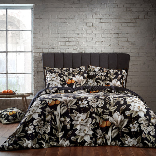 EW by Edinburgh Weavers Lavish Floral Printed Piped Cotton Sateen Duvet Cover Set in Noir