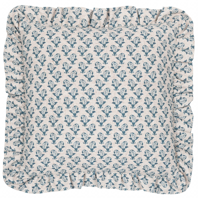 Floral Blue Cushions - Lulah Block Printed Ruffle Cushion Cover Linen/Blue furn.