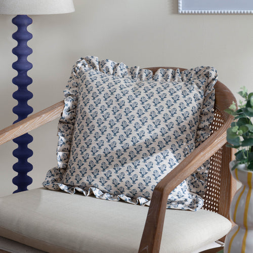 Floral Blue Cushions - Lulah Block Printed Ruffle Cushion Cover Linen/Blue furn.