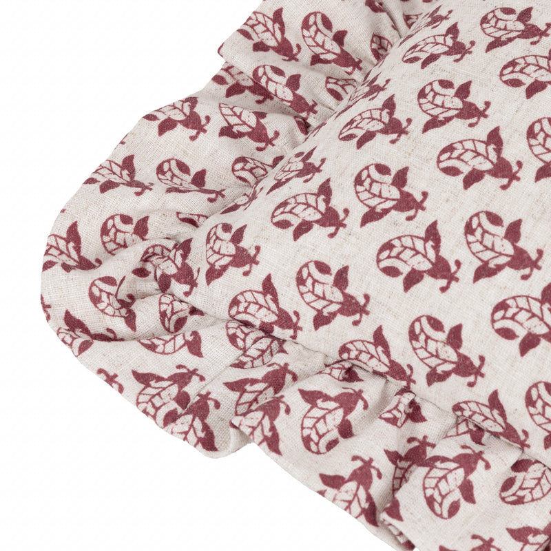 Floral Red Cushions - Lulah Block Printed Ruffle Cushion Cover Linen/Red furn.