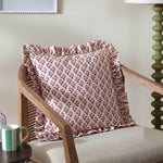 Floral Red Cushions - Lulah Block Printed Ruffle Cushion Cover Linen/Red furn.