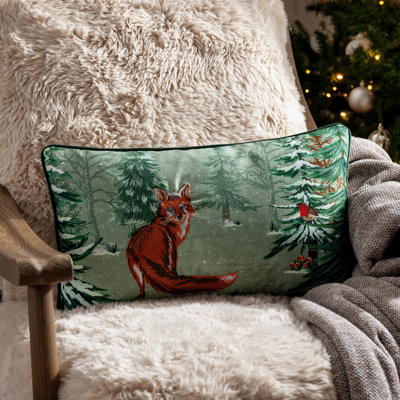 Animal Green Cushions - Lodge Wood Fox Embroidered Cushion Cover Oak Green furn.