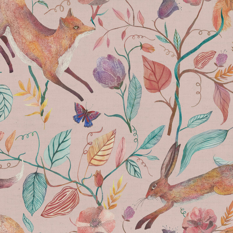 Animal Pink Fabric - Leaping Into The Fauna Printed Cotton Fabric (By The Metre) Blush Voyage Maison