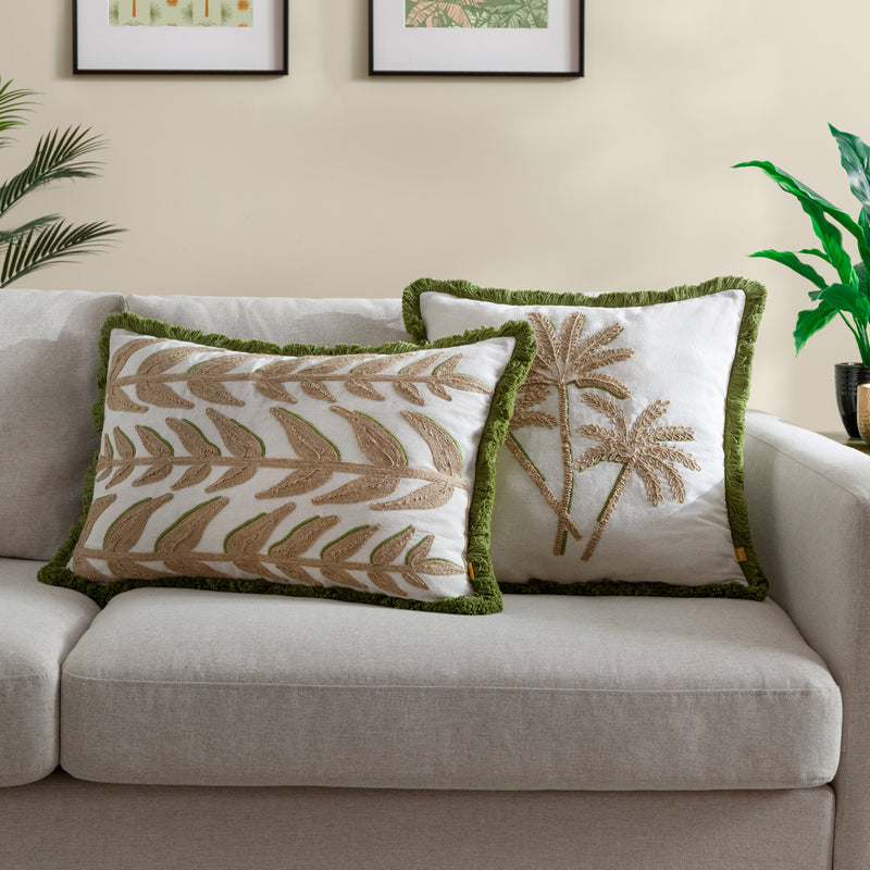 Woodland Green Cushions - Leaves Embroidered Cushion Cover Green furn.