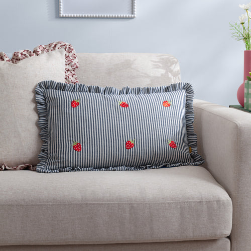 Striped Blue Cushions - Les Fruites Embroidered Ruffle Cushion Cover Strawberries furn.