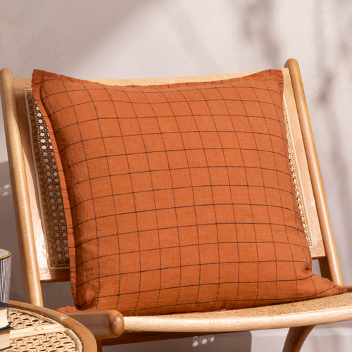 Yard Linen Grid Check Cushion Cover in Brick