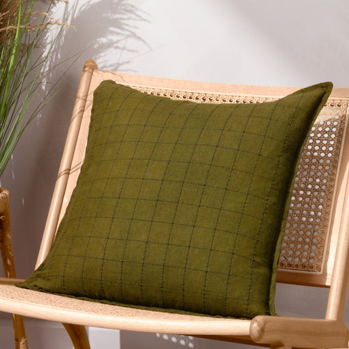 Yard Linen Grid Check Cushion Cover in Olive