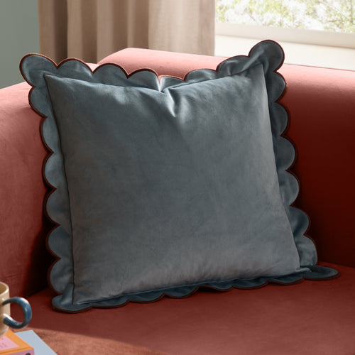 Plain Blue Cushions - Lil Scallop Velvet Cushion Cover Blue/Brown Furn