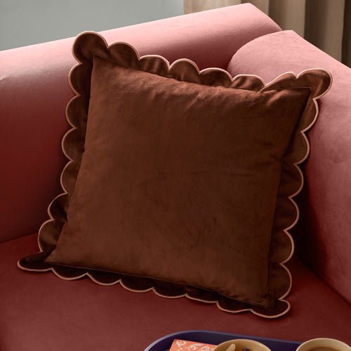 Plain Brown Cushions - Lil Scallop Velvet Cushion Cover Chestnut/Slipper Furn
