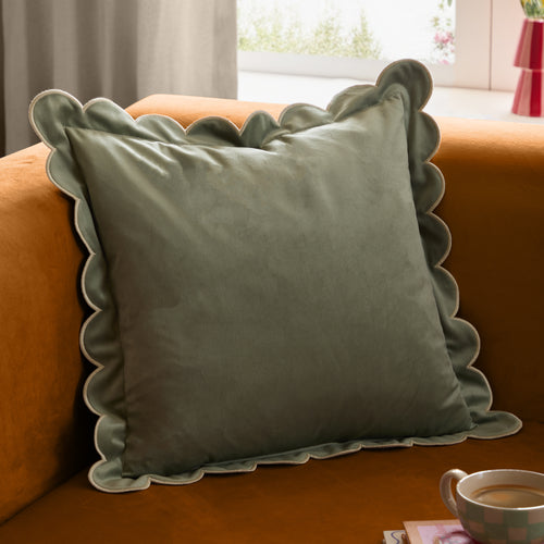 Plain Green Cushions - Lil Scallop Velvet Cushion Cover Green/Natural Furn