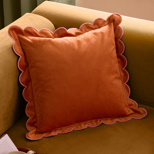 Plain Orange Cushions - Lil Scallop Velvet Cushion Cover Orange/Pink Furn