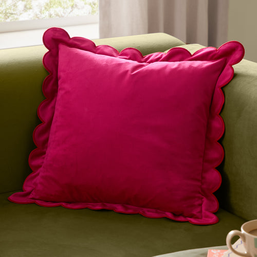 Plain Pink Cushions - Lil Scallop Velvet Cushion Cover Pink/Red Furn