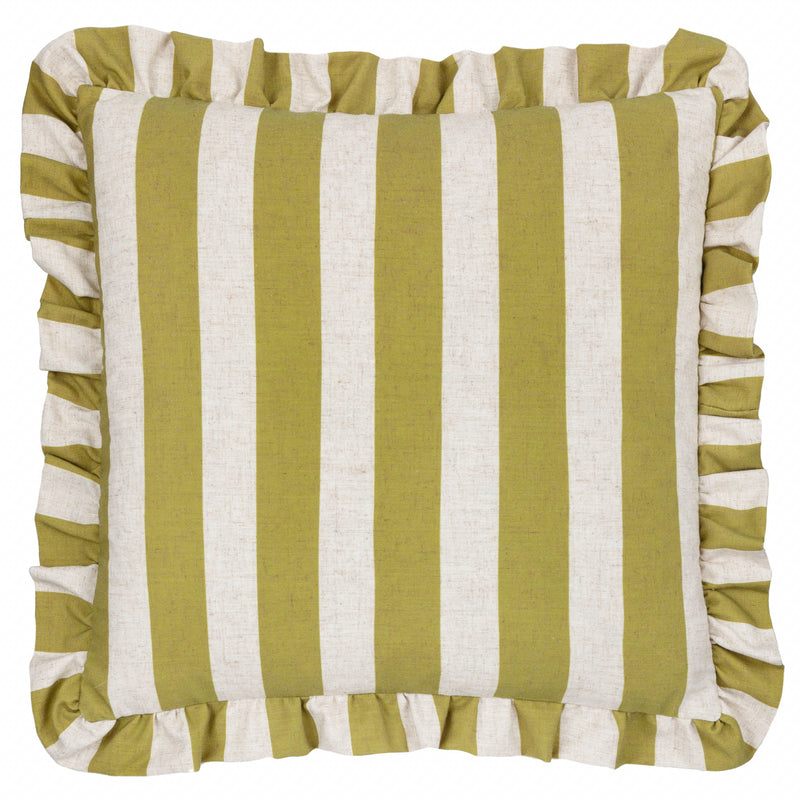 Striped Green Cushions - Linen Stripe Printed Ruffle Cushion Cover Linen/Olive furn.