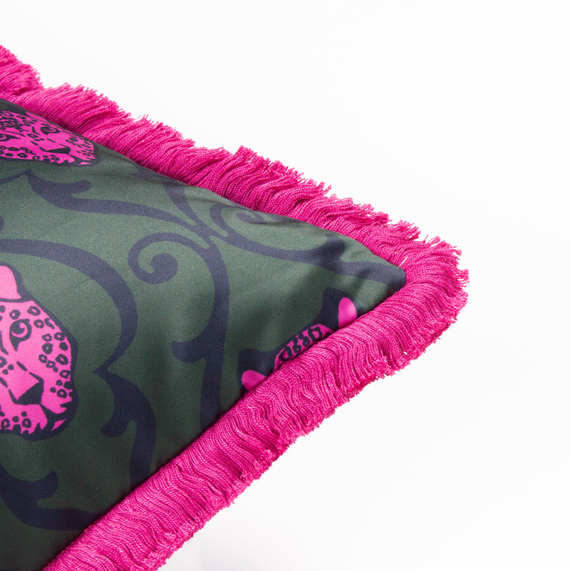 Paoletti Lupita Fringed Cheetah Cushion Cover in Emerald/Pink