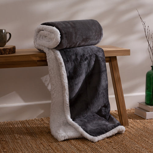 Plain Grey Throws - Lux Sherpa Fleece Throw Charcoal Essentials
