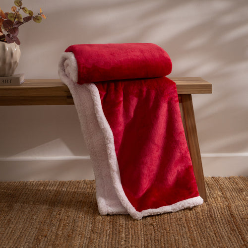 Plain Red Throws - Lux Sherpa Fleece Throw Red Essentials