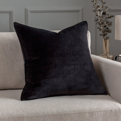 Plain Black Cushions - Luxe Velvet Piped Cushion Cover Black Paoletti