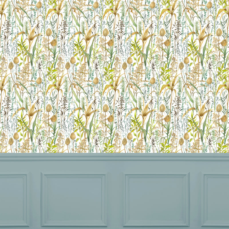 Floral Green Wallpaper - Lydiard  1.4m Wide Width Wallpaper (By The Metre) Linen Voyage Maison