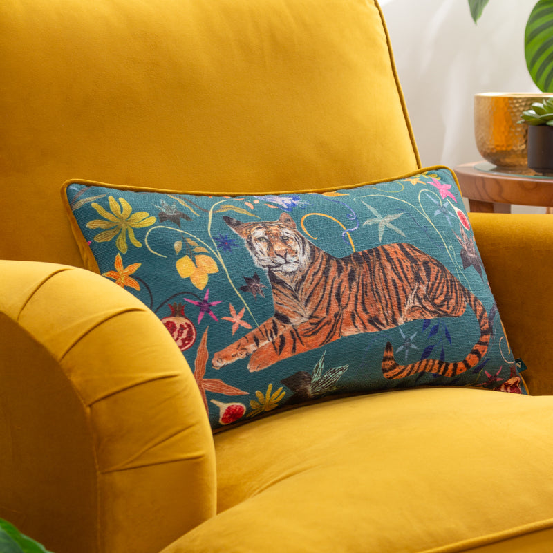 Animal Multi Cushions - Madagascan Tiger  Piped Velvet Cushion Cover Multicolour Wylder