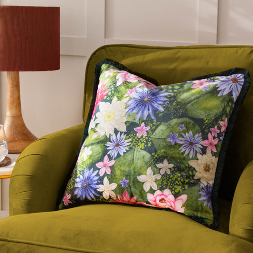 Floral Green Cushions - Marjoelle Flowers  Printed Velvet Cushion Cover Multicolour Paoletti