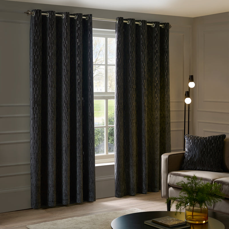 Geometric Black Curtains - Manhattan Velvet Room Darkening Eyelet Curtains Charcoal Paoletti