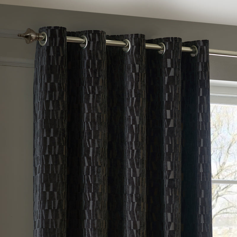 Geometric Black Curtains - Manhattan Velvet Room Darkening Eyelet Curtains Charcoal Paoletti