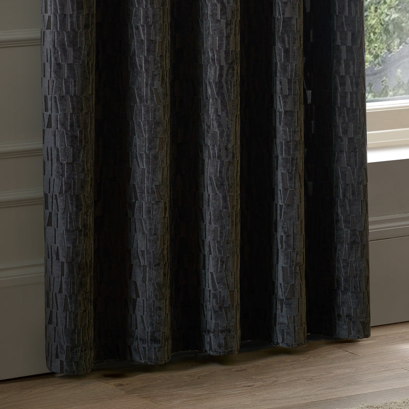 Geometric Black Curtains - Manhattan Velvet Room Darkening Eyelet Curtains Charcoal Paoletti