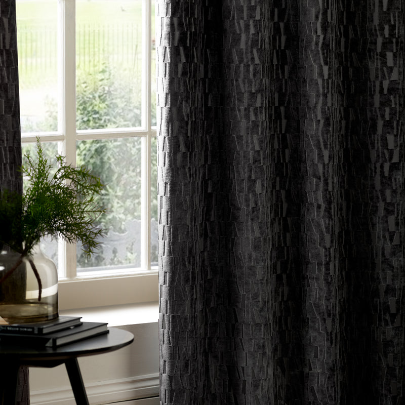 Geometric Black Curtains - Manhattan Velvet Room Darkening Eyelet Curtains Charcoal Paoletti