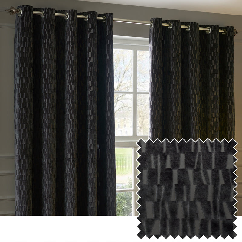 Geometric Black Curtains - Manhattan Velvet Room Darkening Eyelet Curtains Charcoal Paoletti
