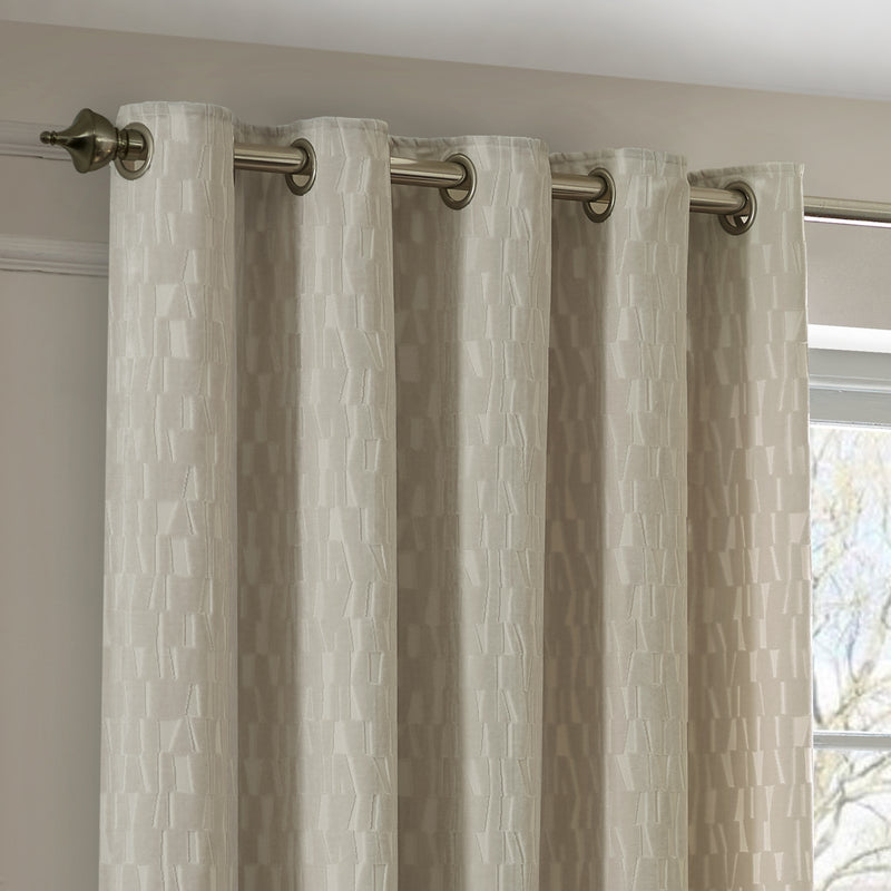 Geometric Cream Curtains - Manhattan Velvet Room Darkening Eyelet Curtains Ivory Paoletti