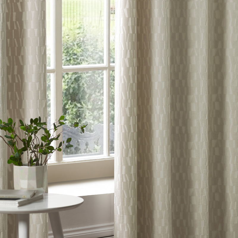Geometric Cream Curtains - Manhattan Velvet Room Darkening Eyelet Curtains Ivory Paoletti