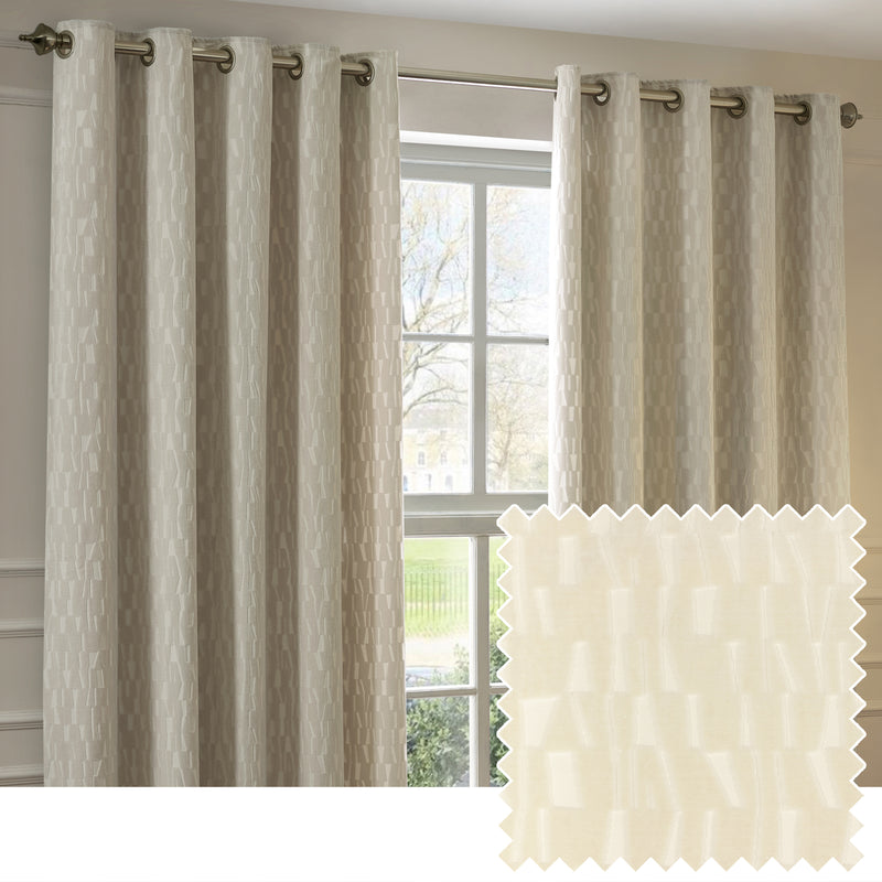 Geometric Cream Curtains - Manhattan Velvet Room Darkening Eyelet Curtains Ivory Paoletti