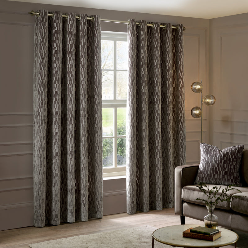 Geometric Brown Curtains - Manhattan Velvet Room Darkening Eyelet Curtains Mink Paoletti