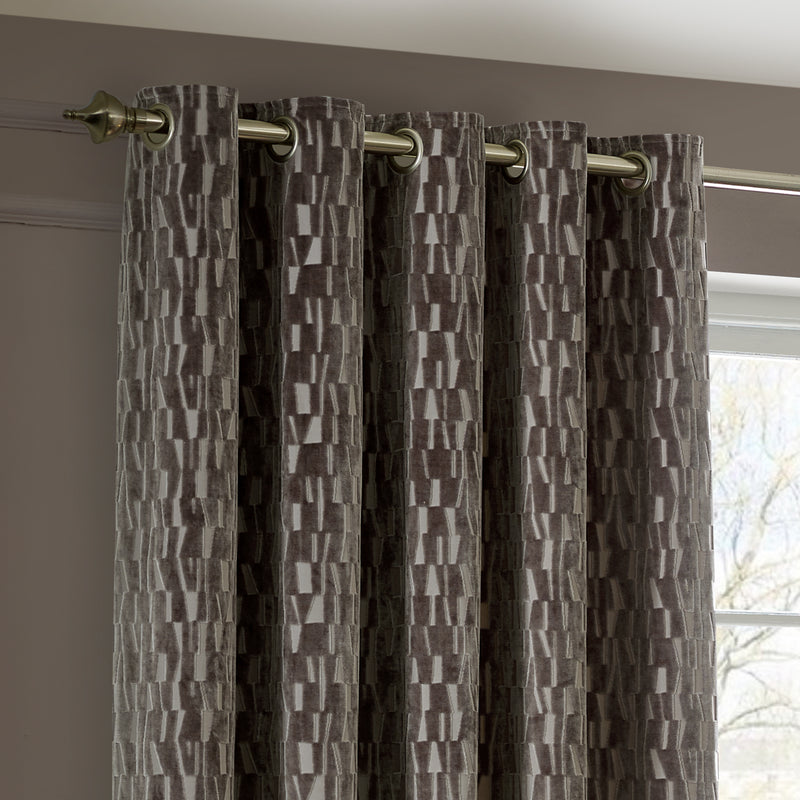 Geometric Brown Curtains - Manhattan Velvet Room Darkening Eyelet Curtains Mink Paoletti