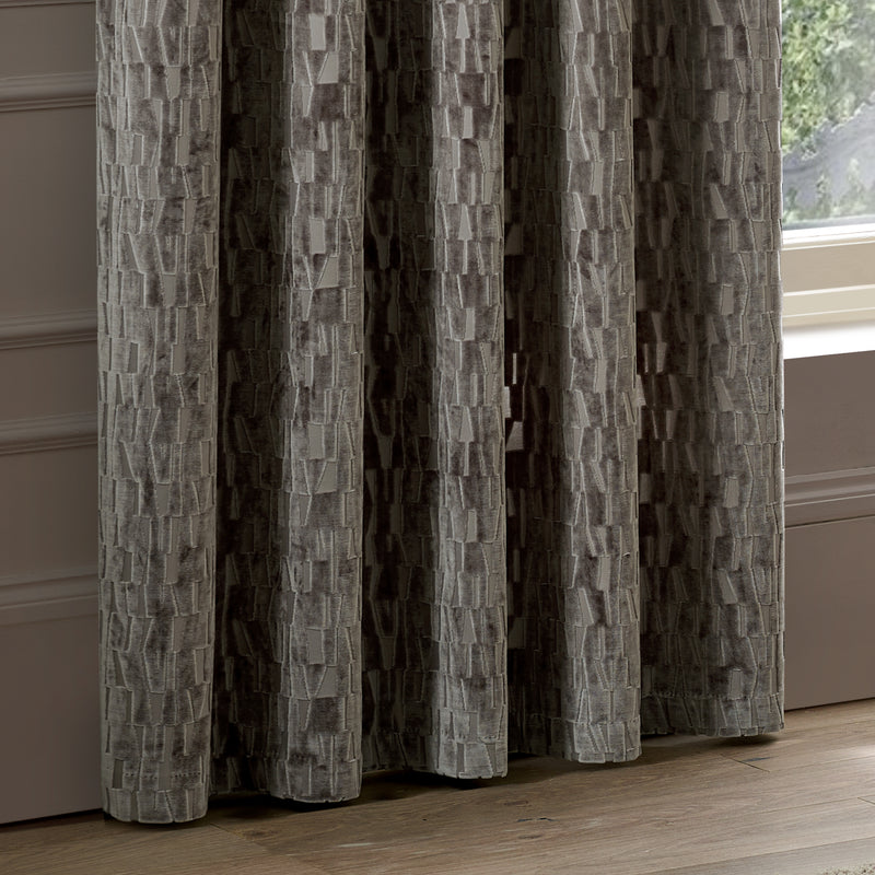 Geometric Brown Curtains - Manhattan Velvet Room Darkening Eyelet Curtains Mink Paoletti