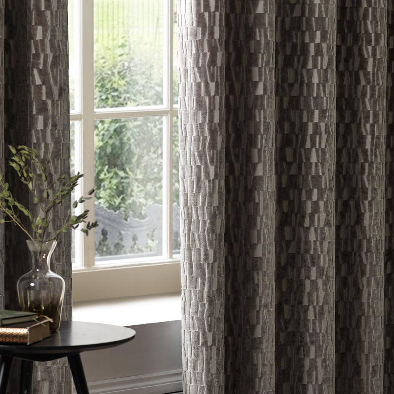Geometric Brown Curtains - Manhattan Velvet Room Darkening Eyelet Curtains Mink Paoletti