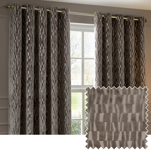 Geometric Brown Curtains - Manhattan Fully Lined Velvet Eyelet Curtains Mink Paoletti