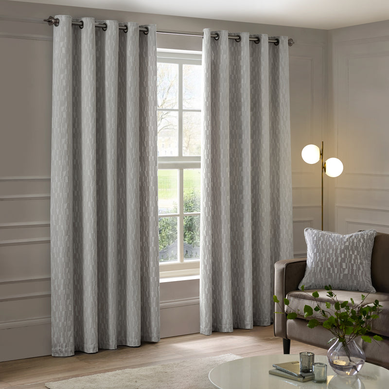 Geometric Grey Curtains - Manhattan Velvet Room Darkening Eyelet Curtains Silver Paoletti