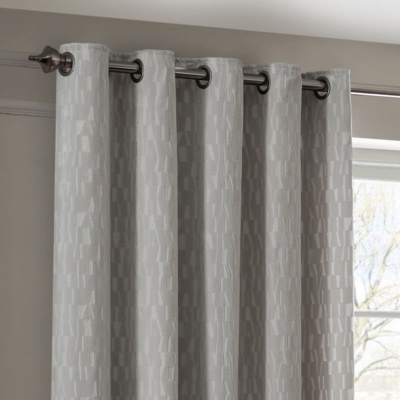 Geometric Grey Curtains - Manhattan Velvet Room Darkening Eyelet Curtains Silver Paoletti